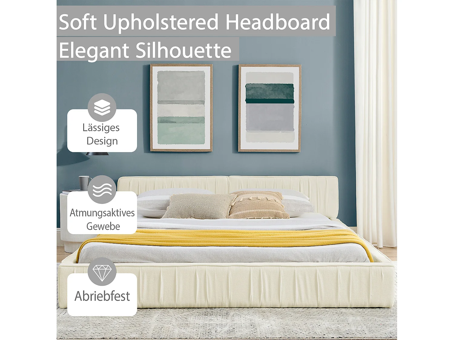 Tweepersoonsbed 160×200 cm in zachte chenille, frame in milieuvriendelijk eucalyptus en metaal, eenvoudige montage – Beige