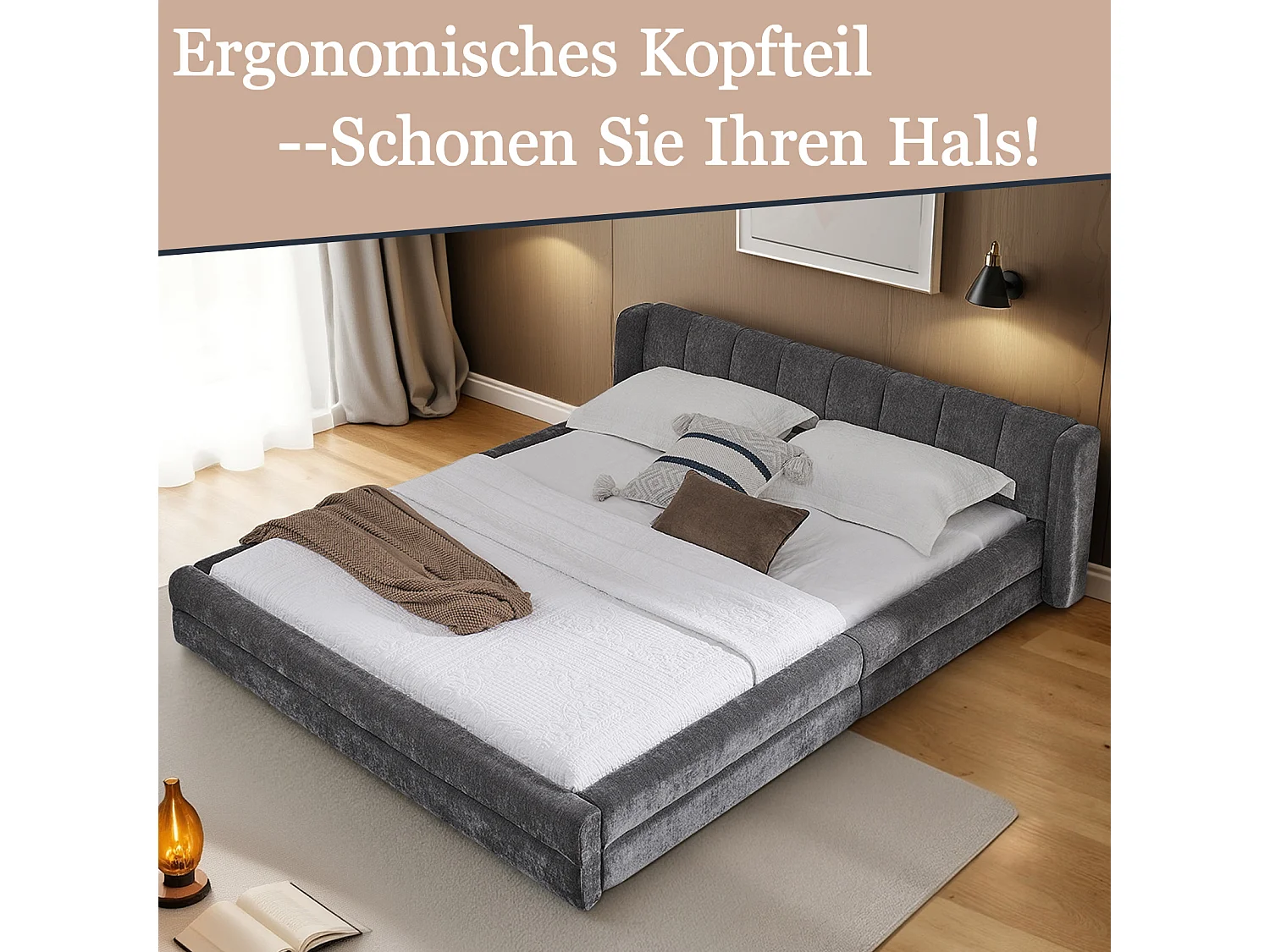 Lit double 140×200 cm en chenille, tête de lit confortable, structure robuste en eucalyptus et métal, montage facile – Dark Gray