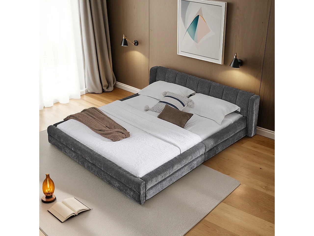 Tweepersoonsbed 140×200 cm met chenille bekleding, comfortabel hoofdeinde, stevig frame van eucalyptus en metaal, eenvoudige montage – Donkergrijs