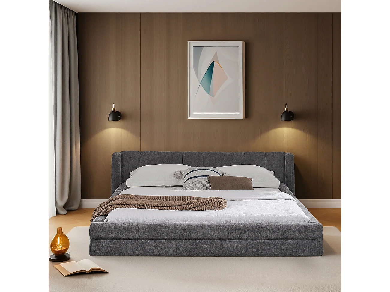 Tweepersoonsbed 140×200 cm met chenille bekleding, comfortabel hoofdeinde, stevig frame van eucalyptus en metaal, eenvoudige montage – Donkergrijs