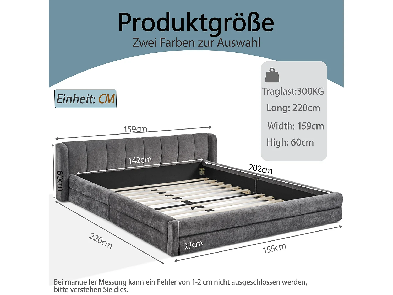 Tweepersoonsbed 140×200 cm met chenille bekleding, comfortabel hoofdeinde, stevig frame van eucalyptus en metaal, eenvoudige montage – Donkergrijs