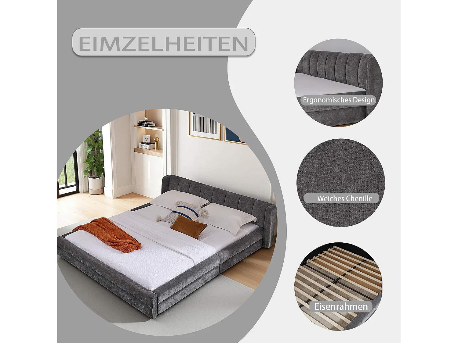 Tweepersoonsbed 140×200 cm met chenille bekleding, comfortabel hoofdeinde, stevig frame van eucalyptus en metaal, eenvoudige montage – Donkergrijs