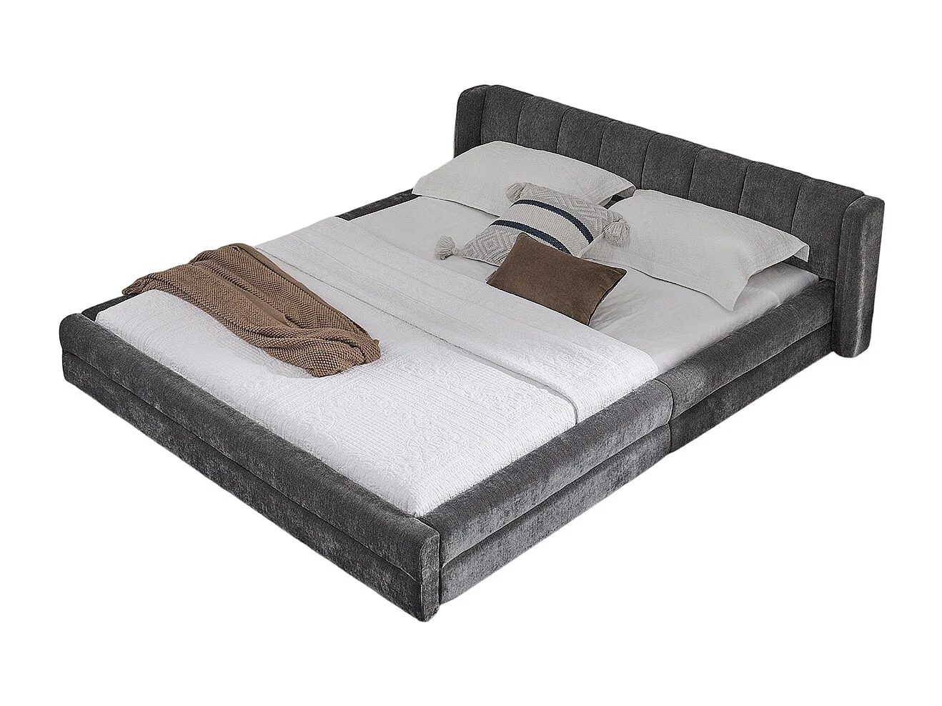 Tweepersoonsbed 140×200 cm met chenille bekleding, comfortabel hoofdeinde, stevig frame van eucalyptus en metaal, eenvoudige montage – Donkergrijs