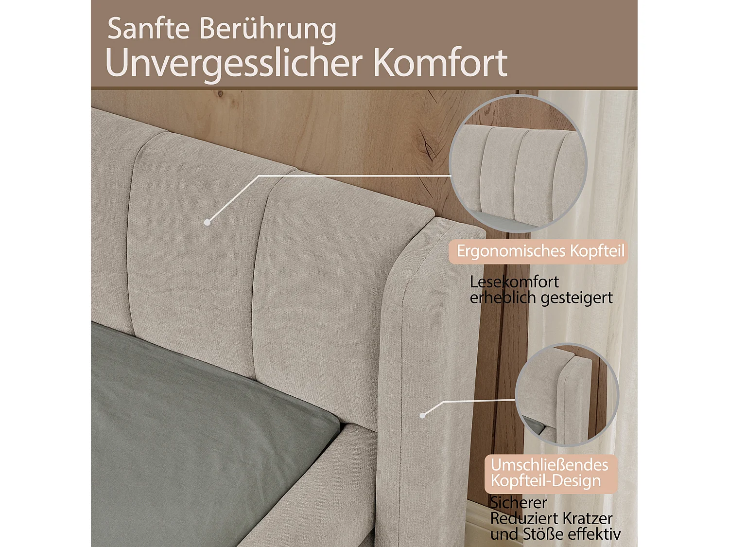 Cama de matrimonio 140×200 cm en tejido chenilla, cabecero confortable, estructura robusta de eucalipto y metal, fácil montaje – Beige