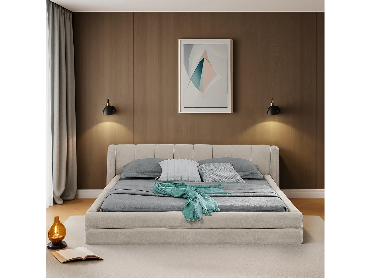 Cama de matrimonio 140×200 cm en tejido chenilla, cabecero confortable, estructura robusta de eucalipto y metal, fácil montaje – Beige