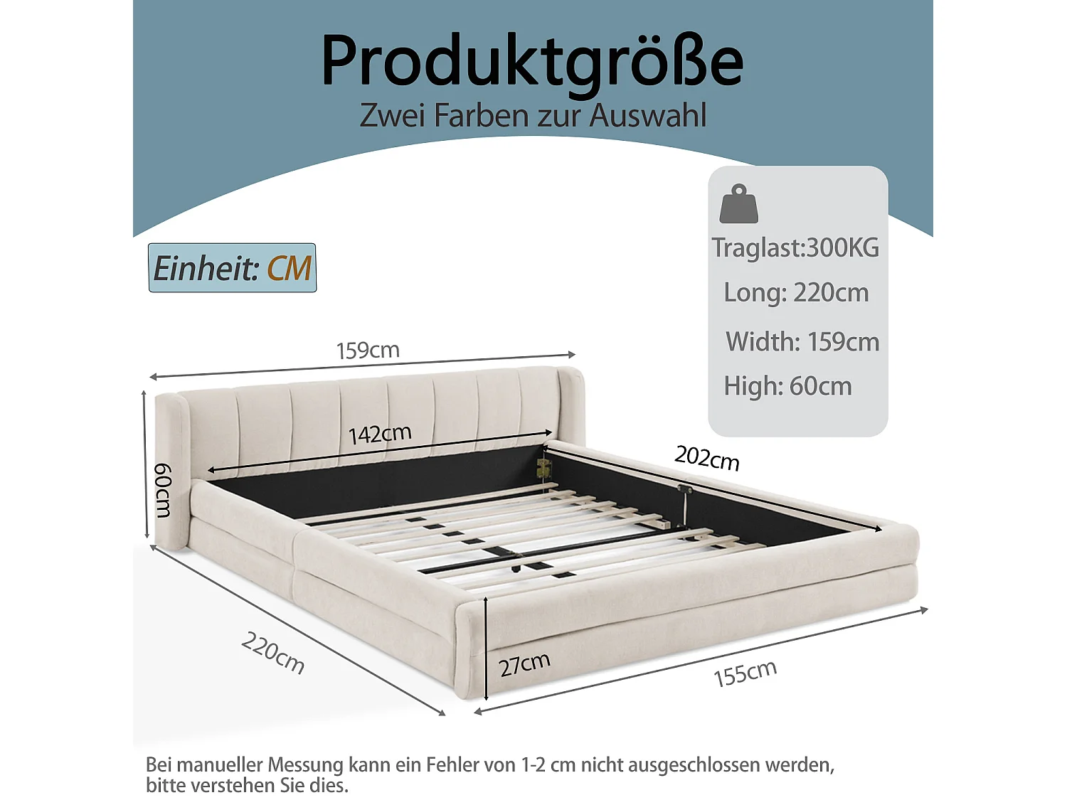 Cama de matrimonio 140×200 cm en tejido chenilla, cabecero confortable, estructura robusta de eucalipto y metal, fácil montaje – Beige