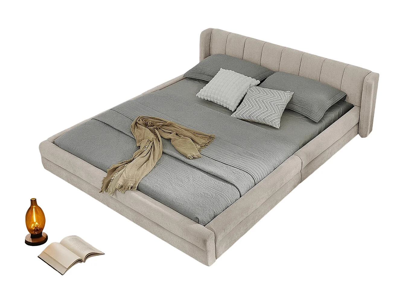 Cama de matrimonio 140×200 cm en tejido chenilla, cabecero confortable, estructura robusta de eucalipto y metal, fácil montaje – Beige