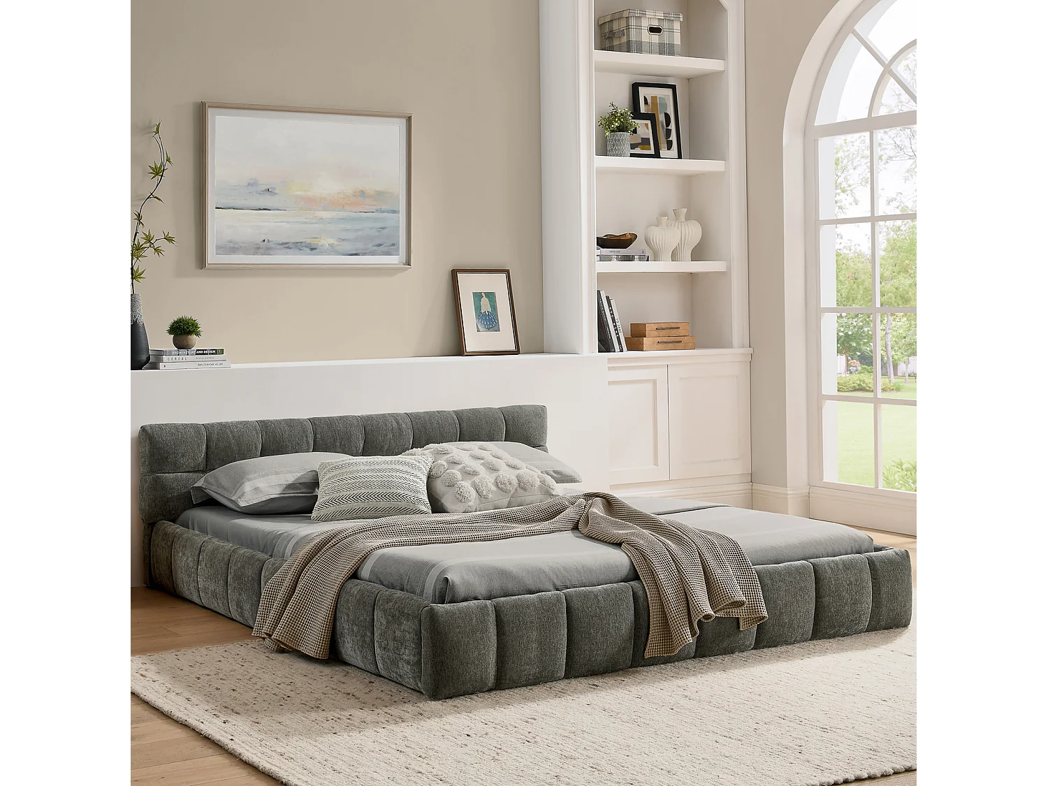 Lit double 140×200 cm en chenille douce, design capitonné, cadre en eucalyptus écologique et métal, montage facile – Dark Gray