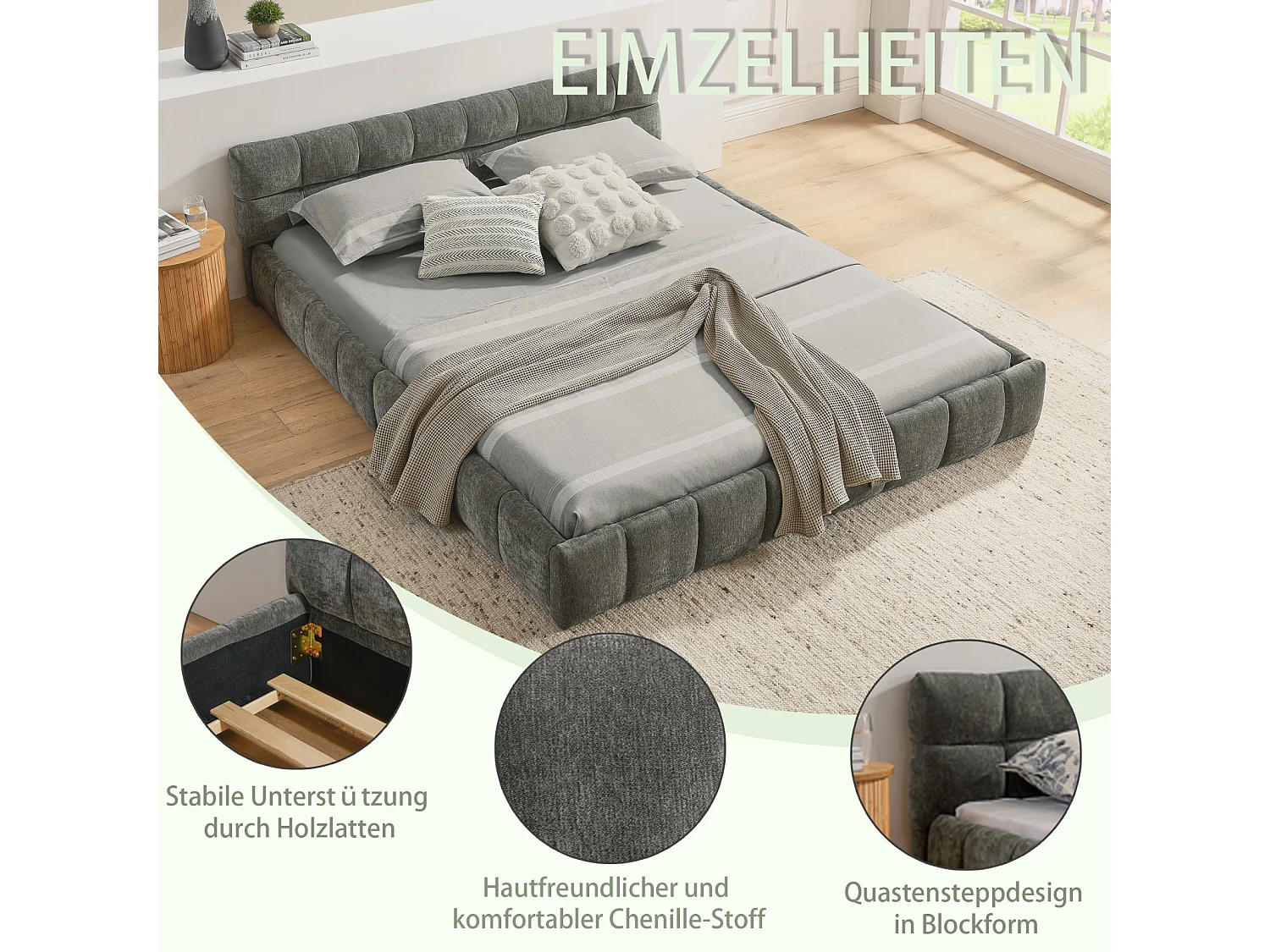 Lit double 140×200 cm en chenille douce, design capitonné, cadre en eucalyptus écologique et métal, montage facile – Dark Gray