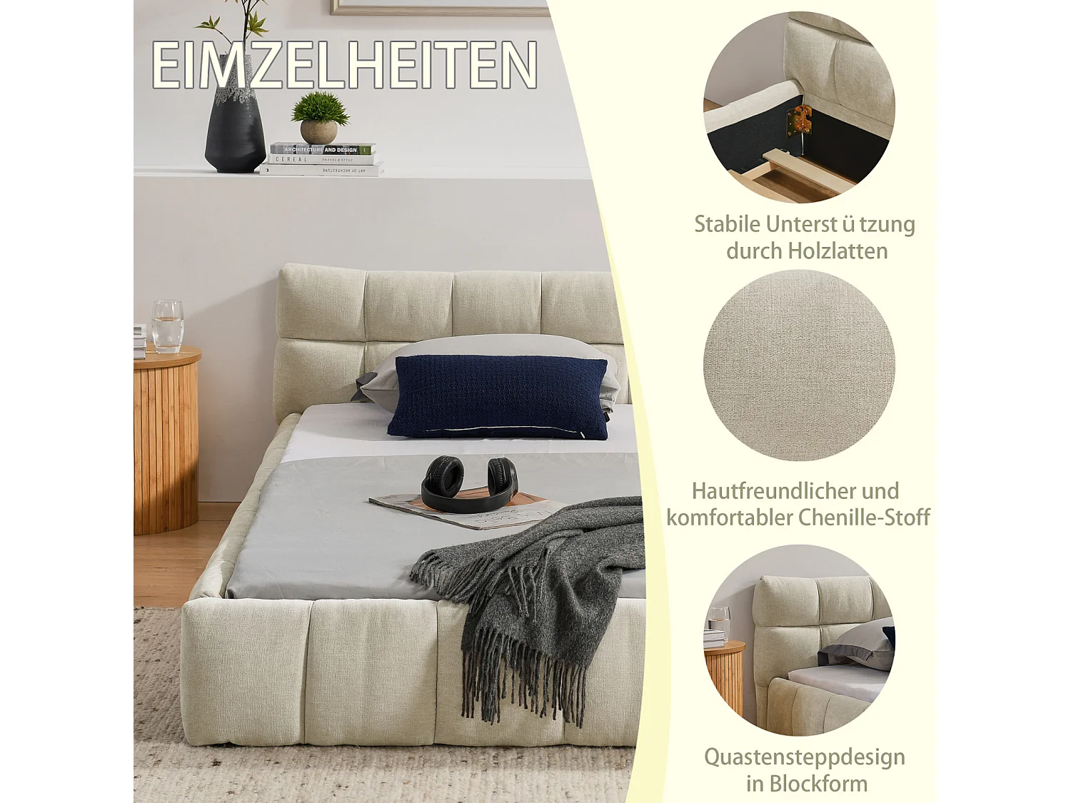 Lit simple 90×200 cm pour enfant, en chenille douce, design capitonné, cadre en eucalyptus écologique et métal, montage facile – Beige