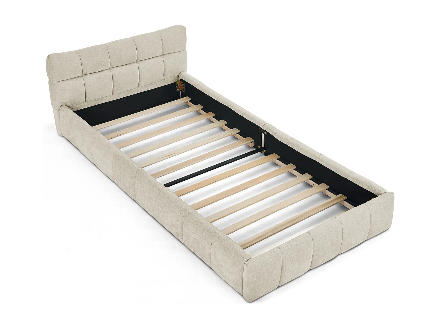 Lit simple 90×200 cm pour enfant, en chenille douce, design capitonné, cadre en eucalyptus écologique et métal, montage facile – Beige