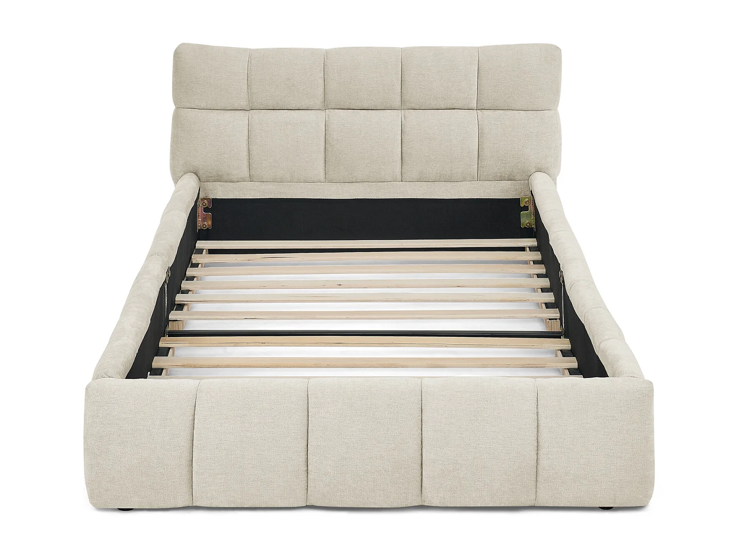 Lit simple 90×200 cm pour enfant, en chenille douce, design capitonné, cadre en eucalyptus écologique et métal, montage facile – Beige