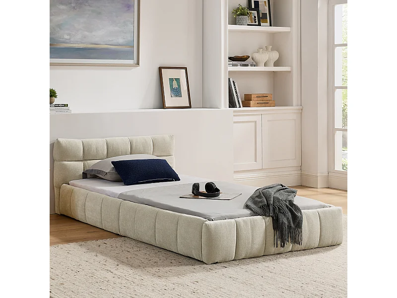 Lit simple 90×200 cm pour enfant, en chenille douce, design capitonné, cadre en eucalyptus écologique et métal, montage facile – Beige