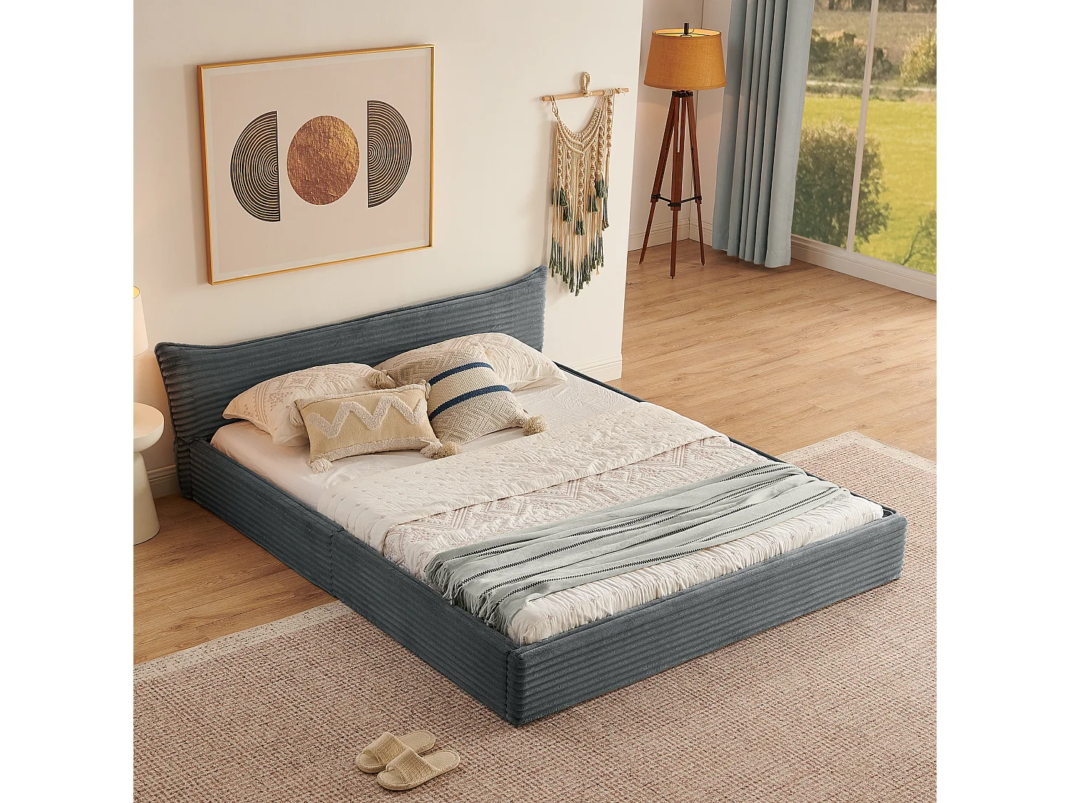 Lit double 160×200 cm en velours côtelé classique, tête de lit élégante avec design de bord, structure en eucalyptus écologique et métal, montage facile – Dark Gray