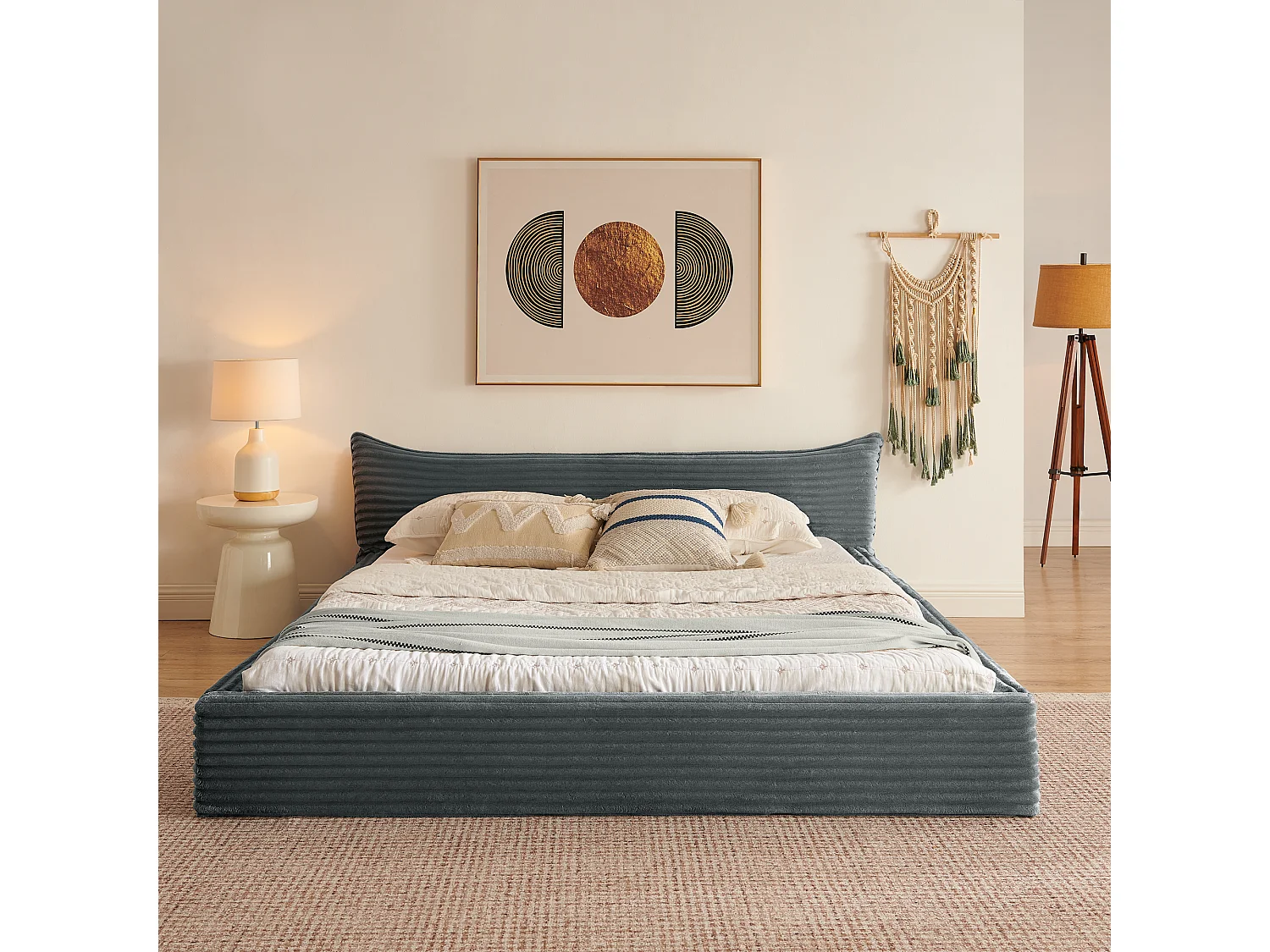 Lit double 160×200 cm en velours côtelé classique, tête de lit élégante avec design de bord, structure en eucalyptus écologique et métal, montage facile – Dark Gray