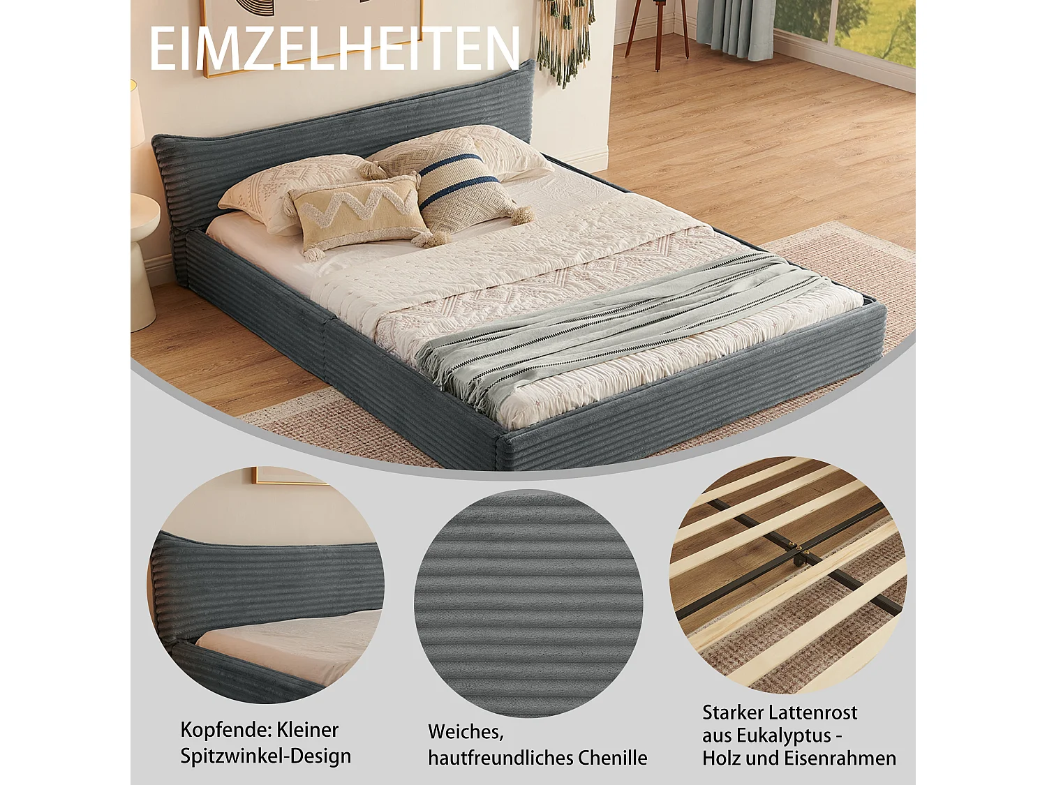 Lit double 160×200 cm en velours côtelé classique, tête de lit élégante avec design de bord, structure en eucalyptus écologique et métal, montage facile – Dark Gray