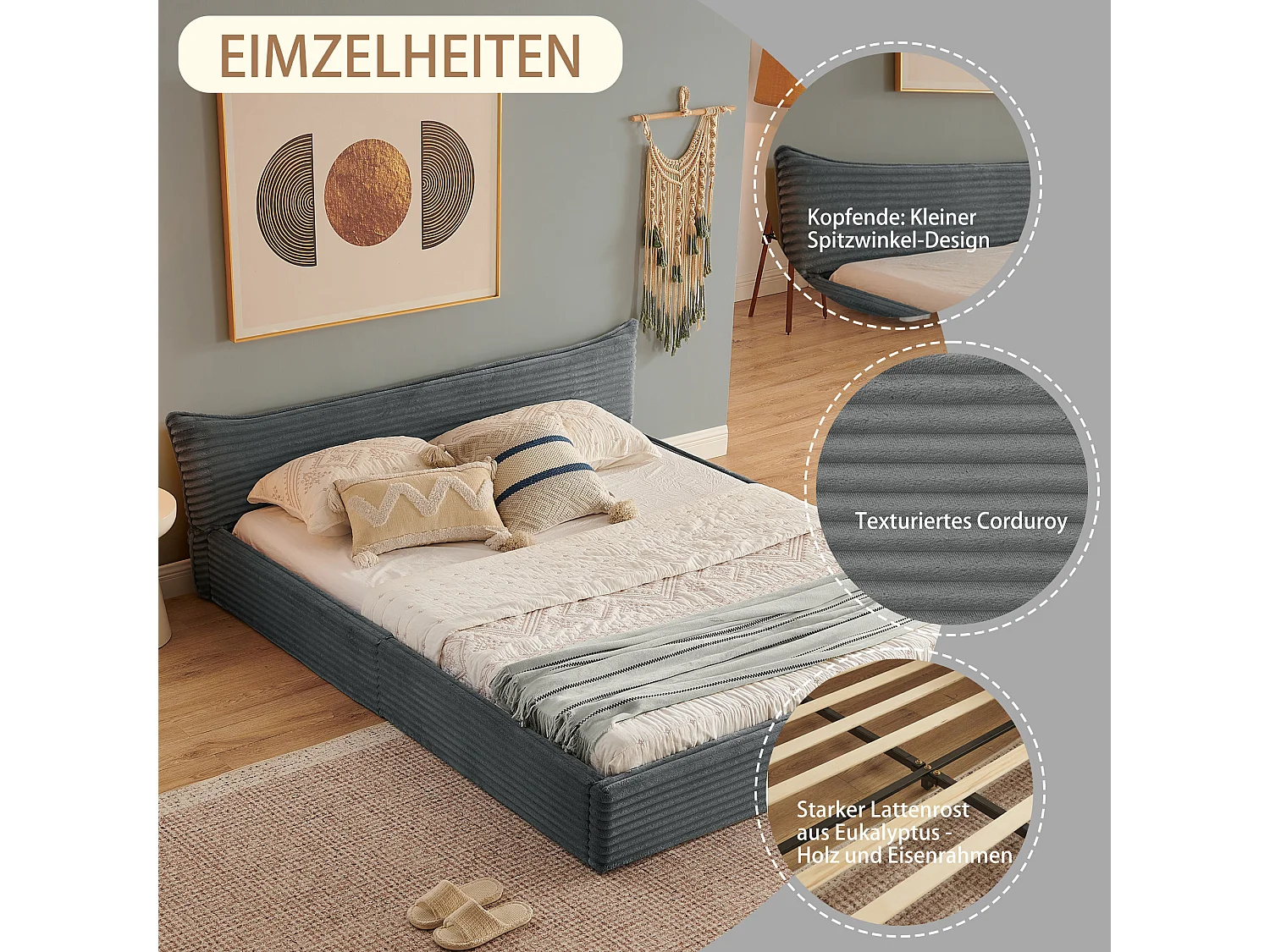 Lit double 140×200 cm en velours côtelé classique, tête de lit élégante avec design de bord, structure en eucalyptus écologique et métal, montage facile – Dark Gray