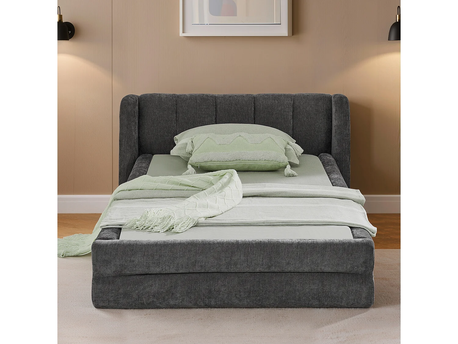 Lit simple 90×200 cm en tissu chenille doux, tête de lit confortable, adapté aux enfants – Dark Gray