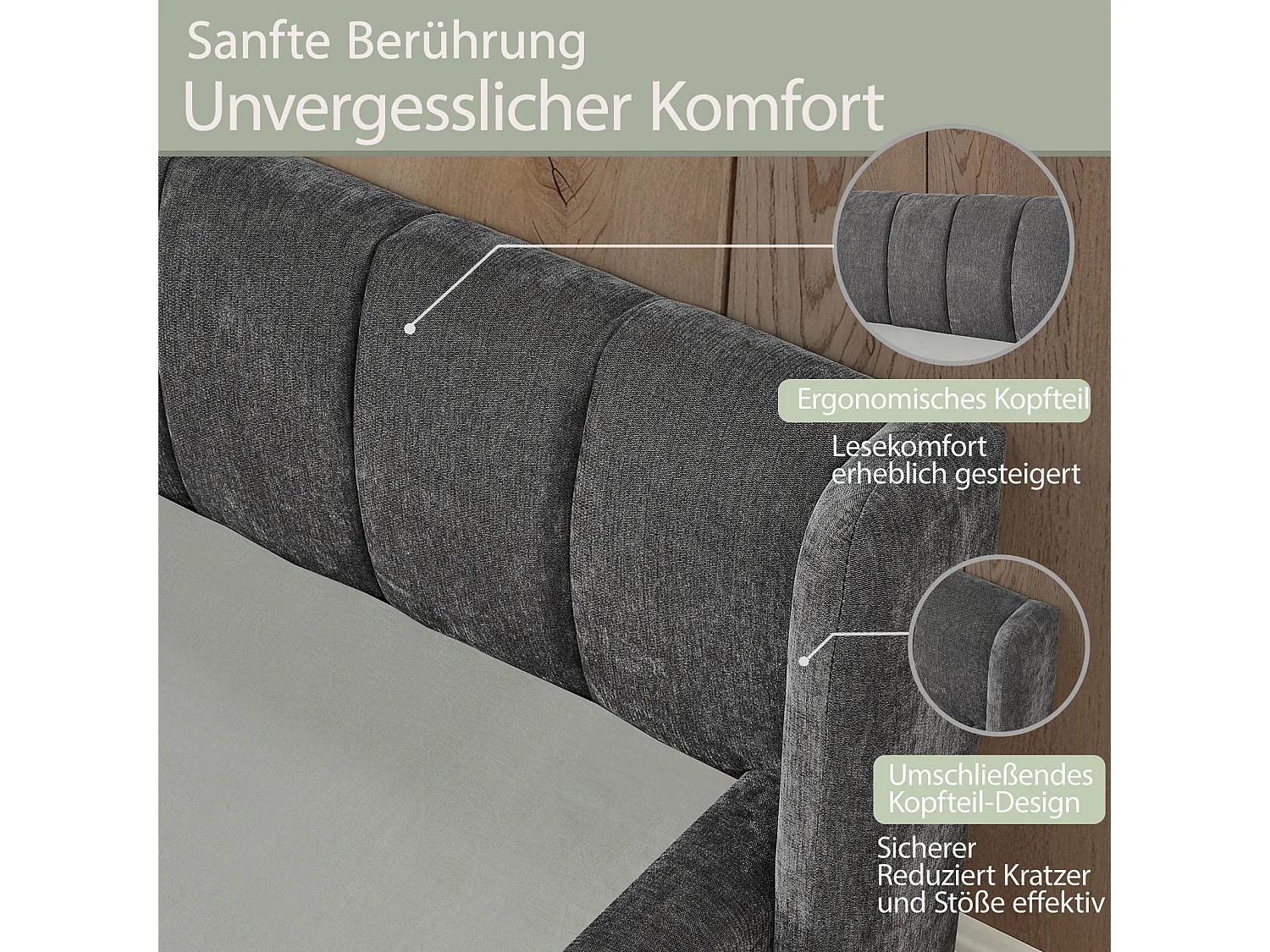 Lit simple 90×200 cm en tissu chenille doux, tête de lit confortable, adapté aux enfants – Dark Gray