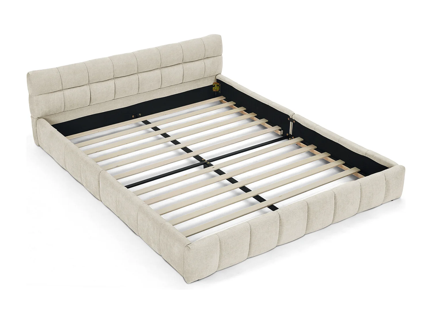 Lit double 140×200 cm en chenille douce, design capitonné carré, cadre en eucalyptus écologique et métal, montage facile – Beige