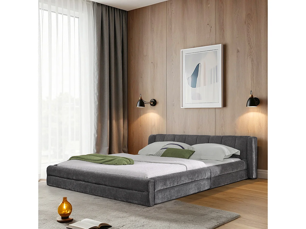 Cama de casal 160×200 cm em tecido chenille, cabeceira confortável, estrutura robusta em eucalipto e metal, fácil montagem – Cinza Escuro