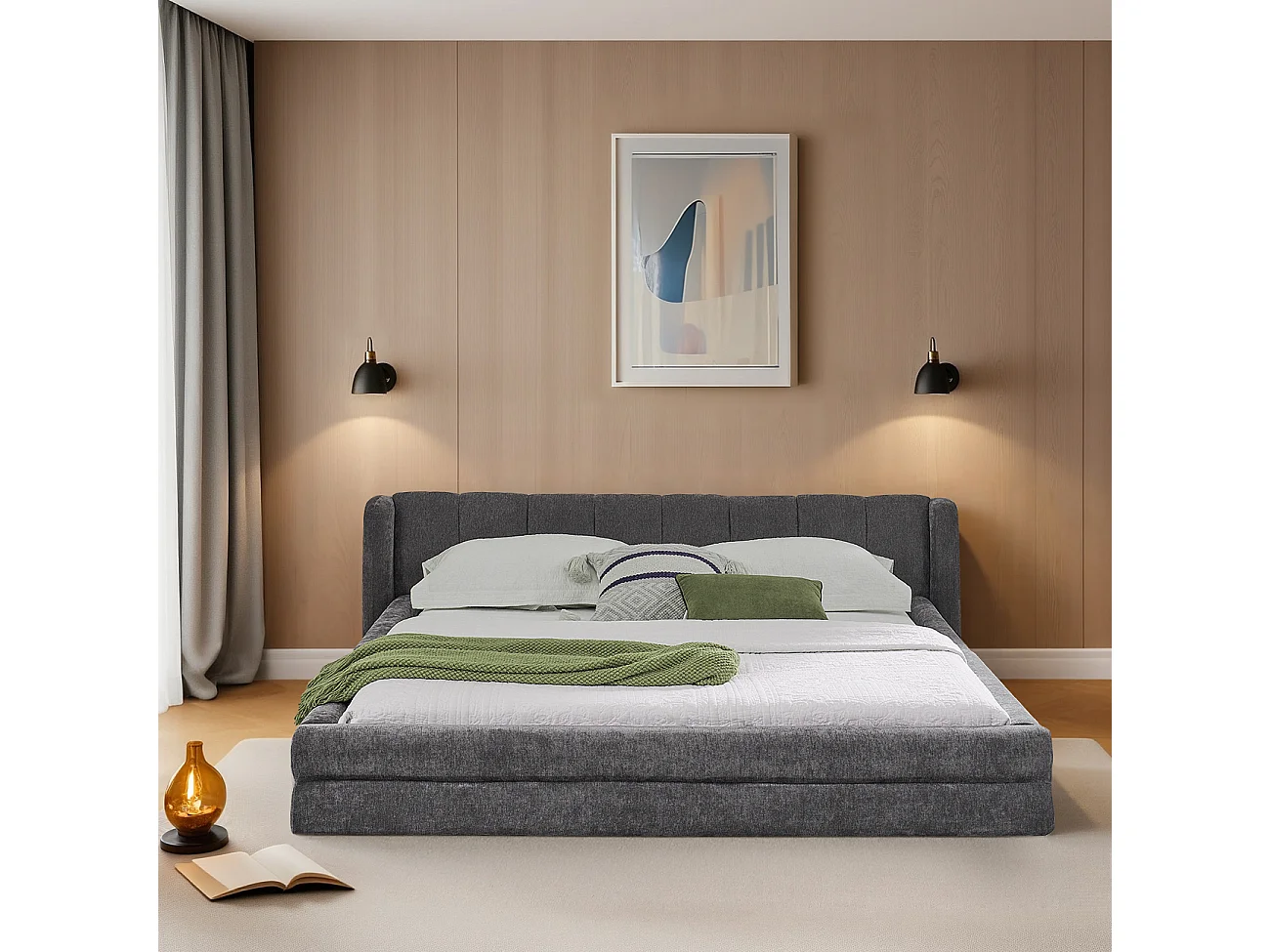 Cama de casal 160×200 cm em tecido chenille, cabeceira confortável, estrutura robusta em eucalipto e metal, fácil montagem – Cinza Escuro