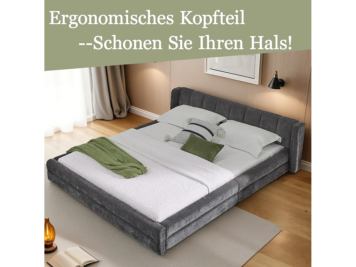 Cama de casal 160×200 cm em tecido chenille, cabeceira confortável, estrutura robusta em eucalipto e metal, fácil montagem – Cinza Escuro