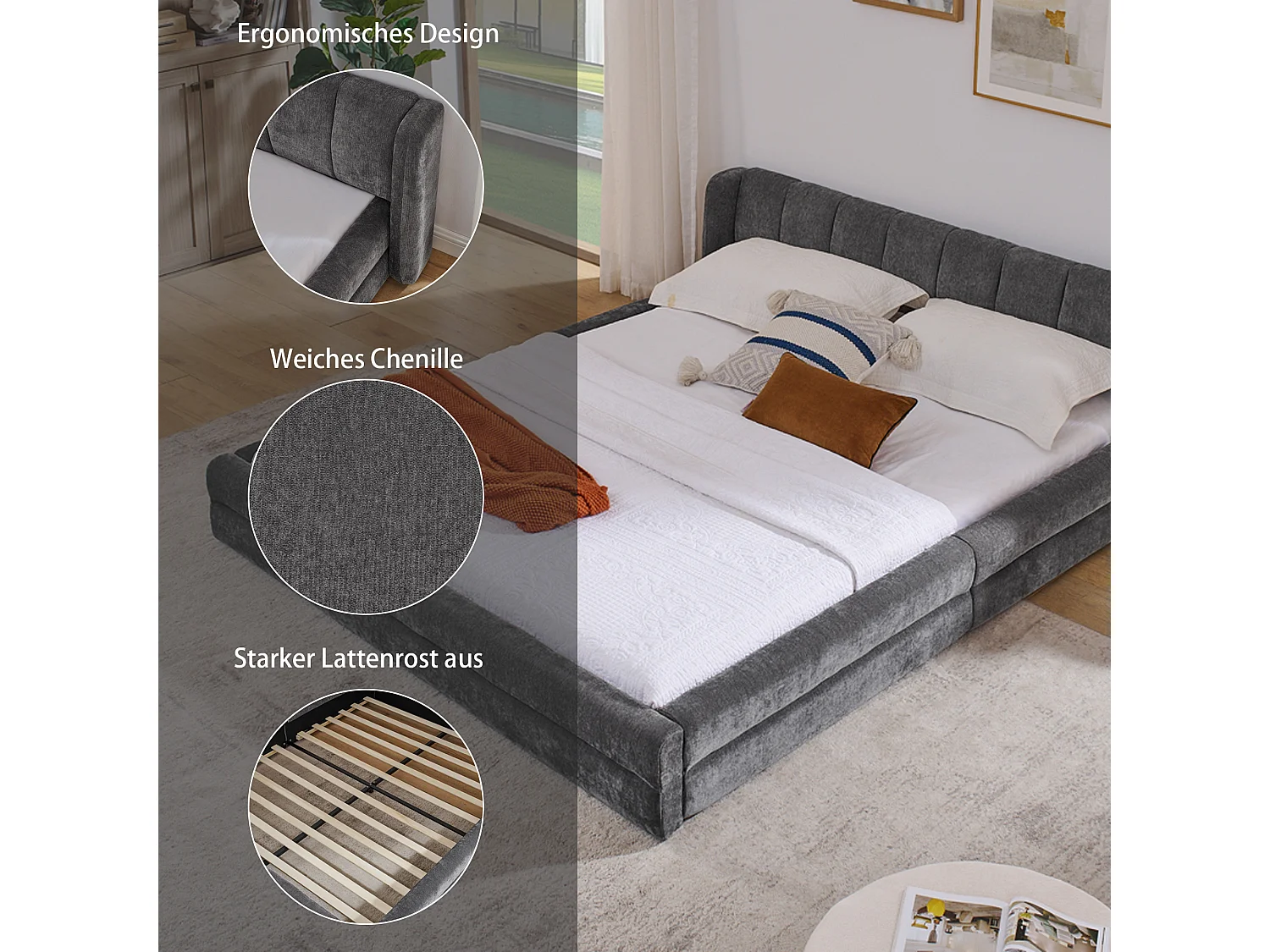 Cama de casal 160×200 cm em tecido chenille, cabeceira confortável, estrutura robusta em eucalipto e metal, fácil montagem – Cinza Escuro