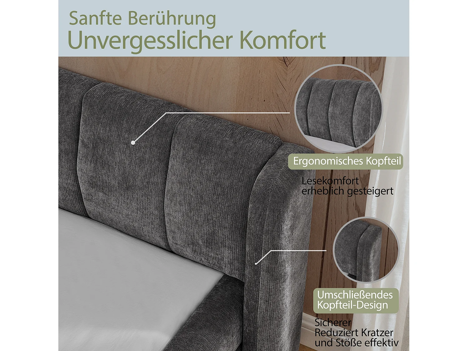 Cama de casal 160×200 cm em tecido chenille, cabeceira confortável, estrutura robusta em eucalipto e metal, fácil montagem – Cinza Escuro
