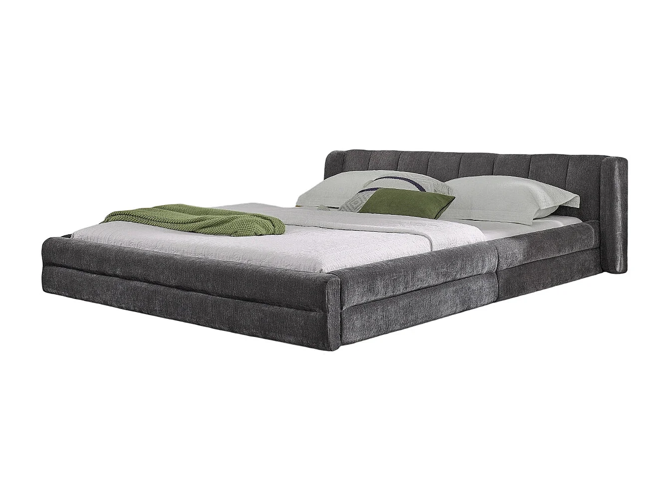 Cama de casal 160×200 cm em tecido chenille, cabeceira confortável, estrutura robusta em eucalipto e metal, fácil montagem – Cinza Escuro