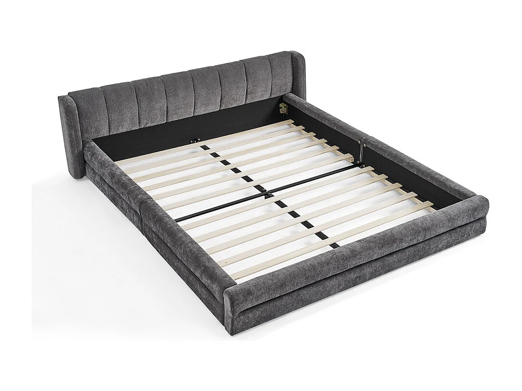 Cama de casal 160×200 cm em tecido chenille, cabeceira confortável, estrutura robusta em eucalipto e metal, fácil montagem – Cinza Escuro