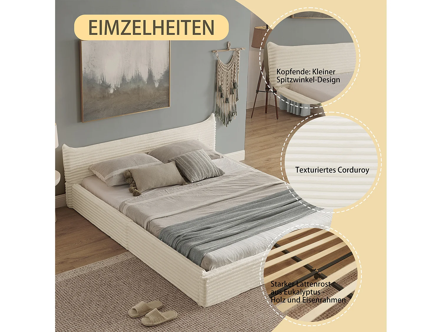 Letto matrimoniale 140×200 cm in velluto a coste classico, elegante testiera con bordo lavorato, struttura in eucalipto ecologico e metallo– Beige