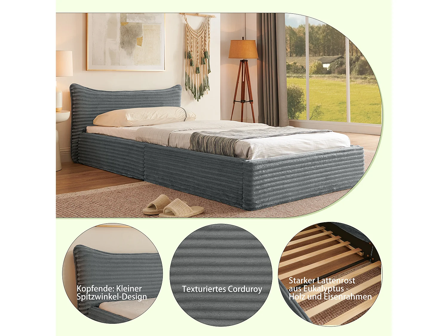 Lit simple 90×200 cm pour enfant, en velours côtelé, structure en eucalyptus écologique et métal, montage facile – Dark Gray