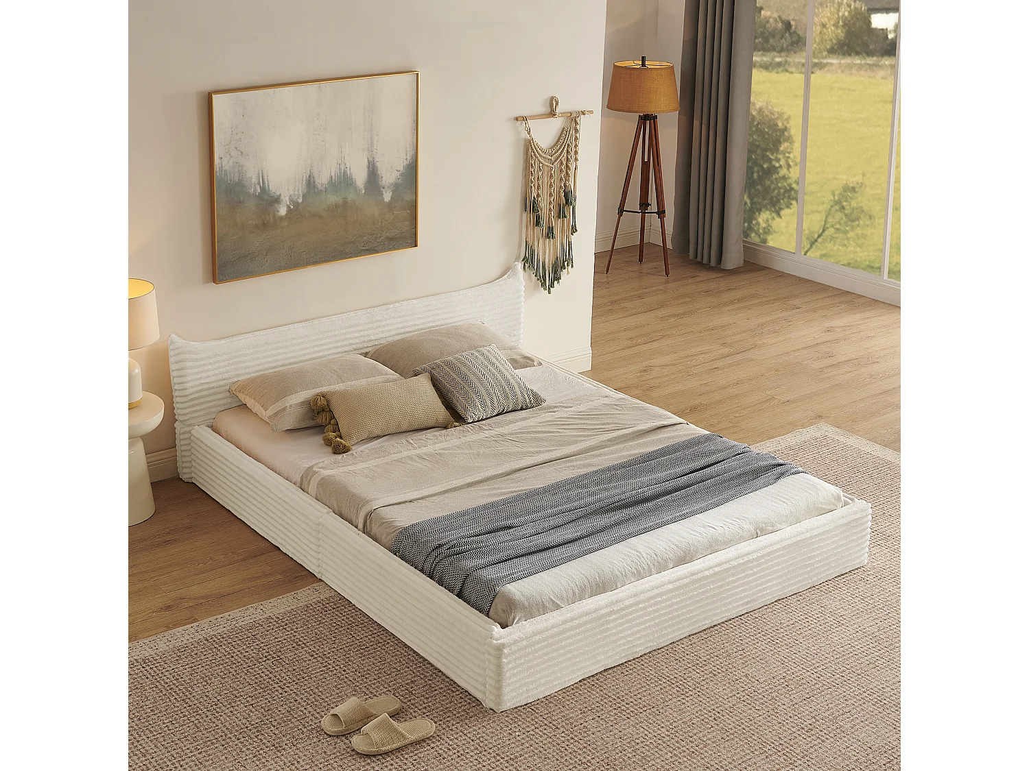 Tweepersoonsbed 160×200 cm in klassiek corduroy, elegant hoofdbord met randdesign, frame in milieuvriendelijk eucalyptus en metaal, eenvoudige montage – Beige