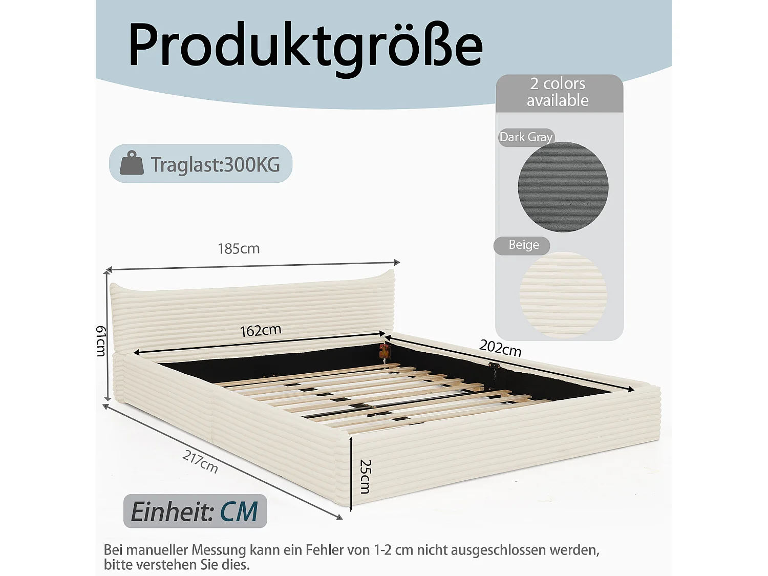 Tweepersoonsbed 160×200 cm in klassiek corduroy, elegant hoofdbord met randdesign, frame in milieuvriendelijk eucalyptus en metaal, eenvoudige montage – Beige