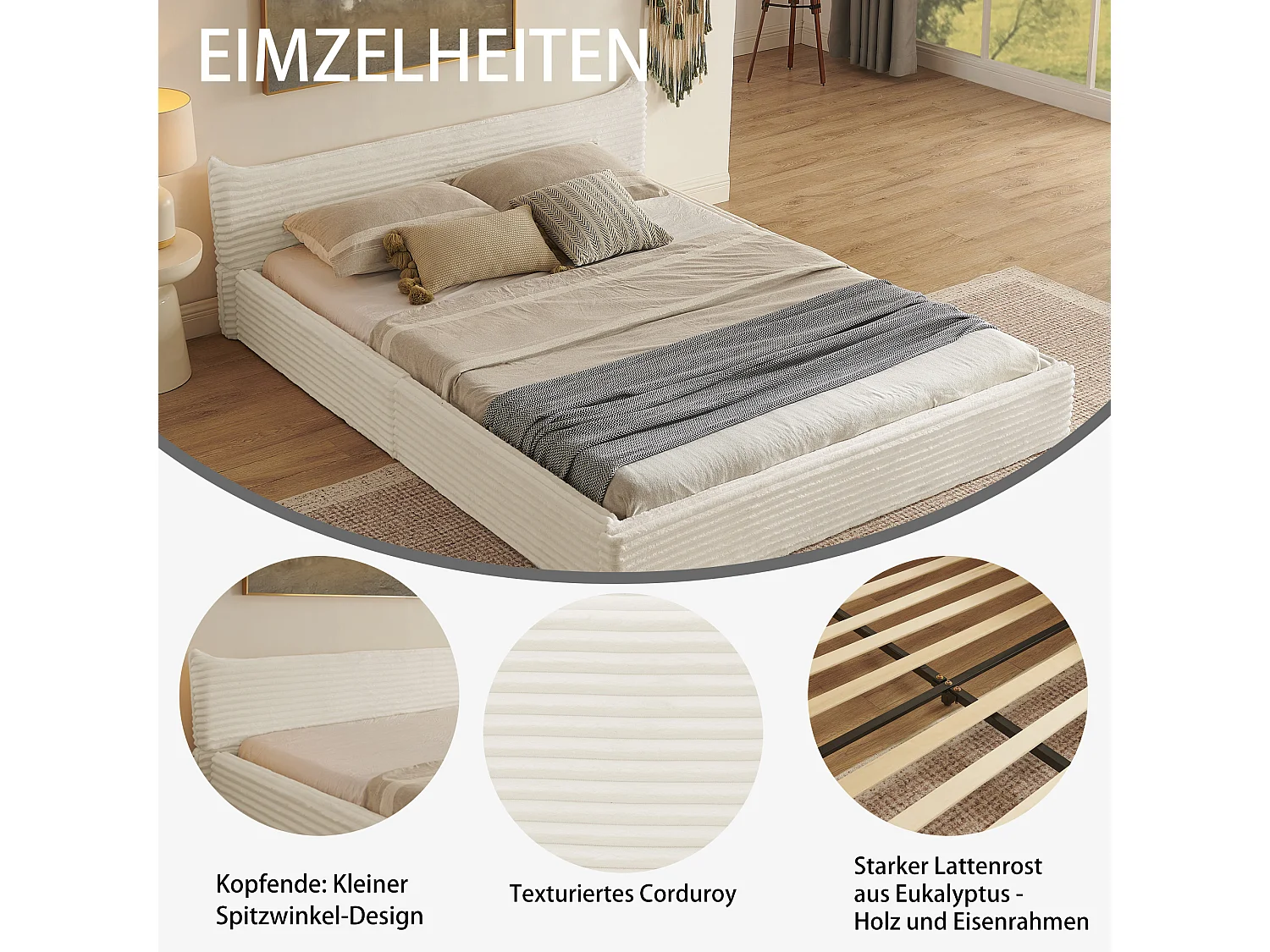 Tweepersoonsbed 160×200 cm in klassiek corduroy, elegant hoofdbord met randdesign, frame in milieuvriendelijk eucalyptus en metaal, eenvoudige montage – Beige