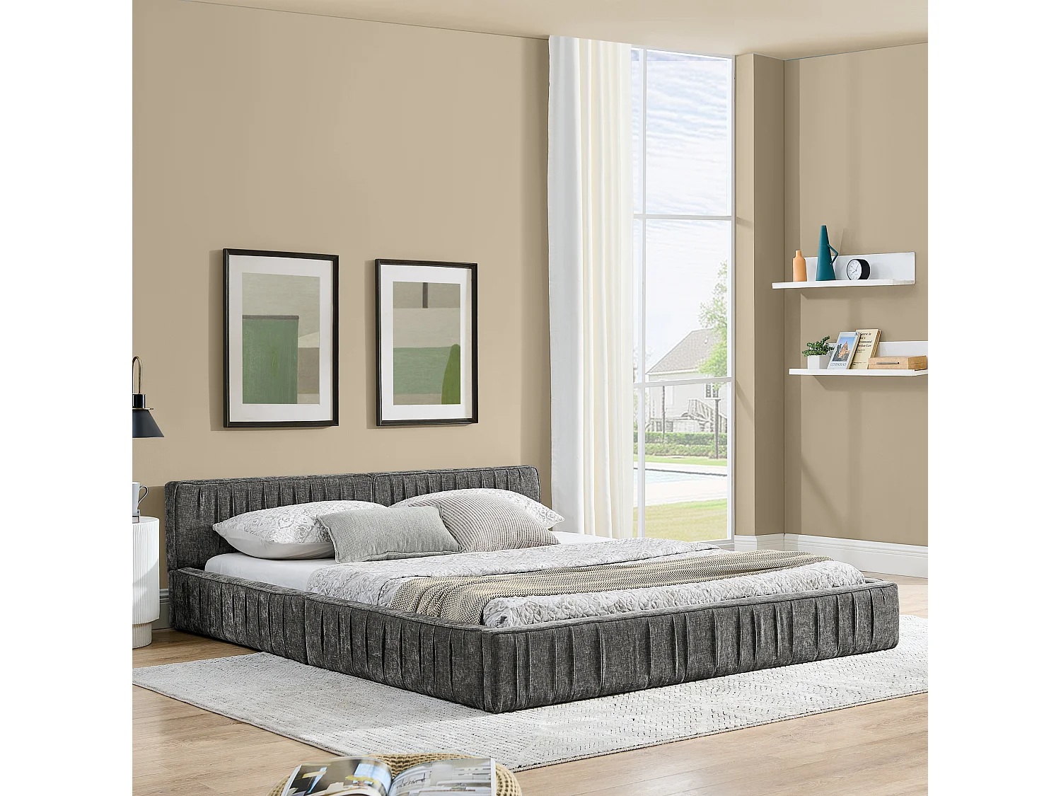 Lit double 140×200 cm en chenille douce, structure en eucalyptus écologique et métal, montage facile – Dark Gray