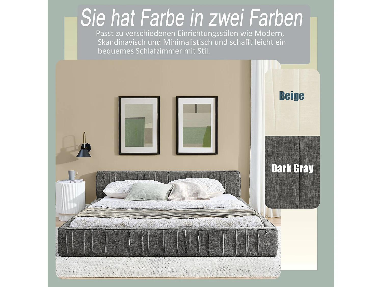 Lit double 140×200 cm en chenille douce, structure en eucalyptus écologique et métal, montage facile – Dark Gray