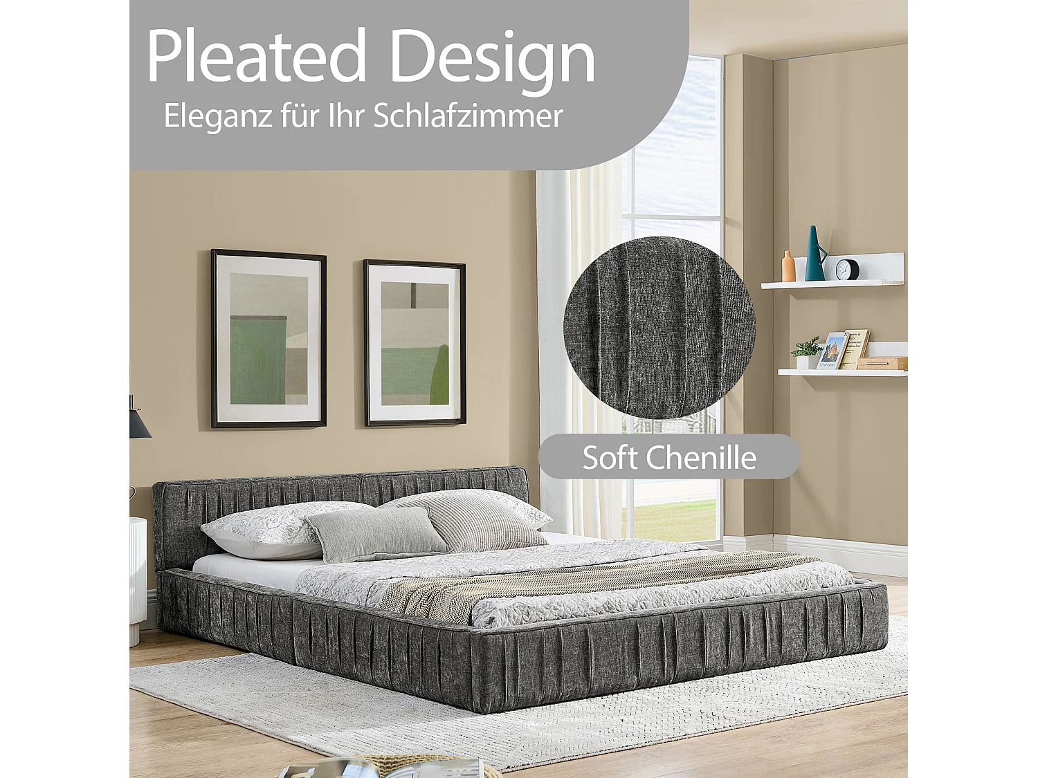 Lit double 140×200 cm en chenille douce, structure en eucalyptus écologique et métal, montage facile – Dark Gray