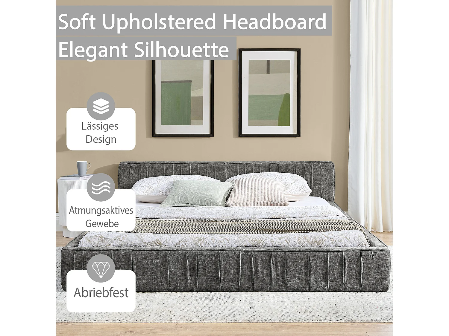 Lit double 140×200 cm en chenille douce, structure en eucalyptus écologique et métal, montage facile – Dark Gray