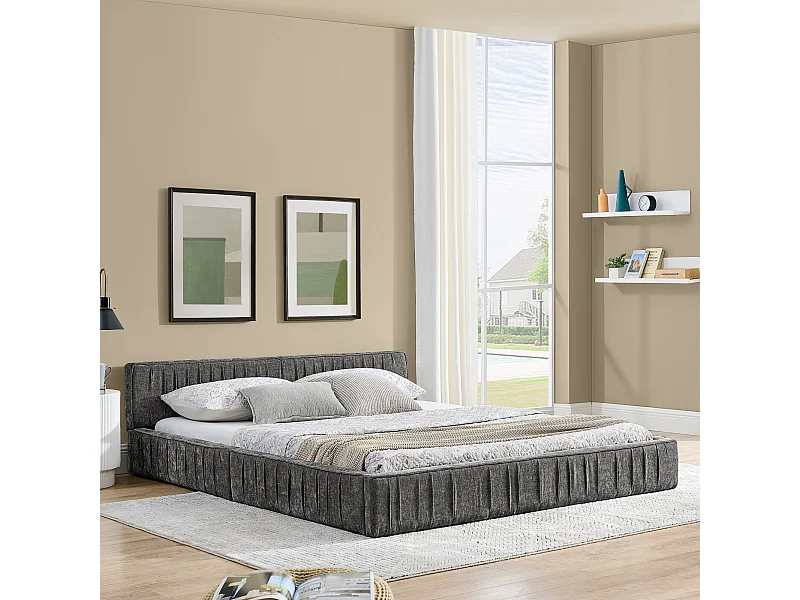 Lit double 140×200 cm en chenille douce, structure en eucalyptus écologique et métal, montage facile – Dark Gray