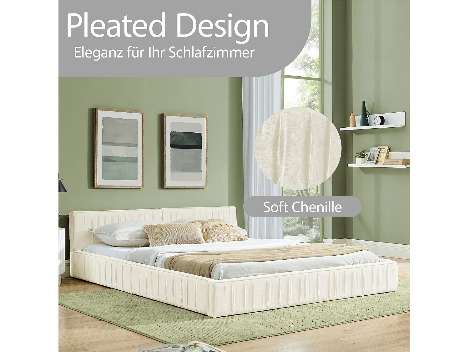 Letto matrimoniale 140×200 cm in morbida ciniglia, struttura in eucalipto ecologico e metallo, montaggio facile – Beige