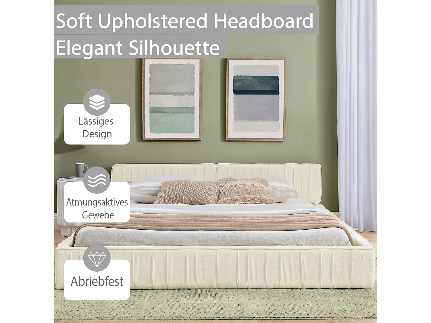 Letto matrimoniale 140×200 cm in morbida ciniglia, struttura in eucalipto ecologico e metallo, montaggio facile – Beige