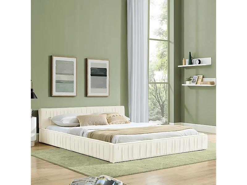 Letto matrimoniale 140×200 cm in morbida ciniglia, struttura in eucalipto ecologico e metallo, montaggio facile – Beige