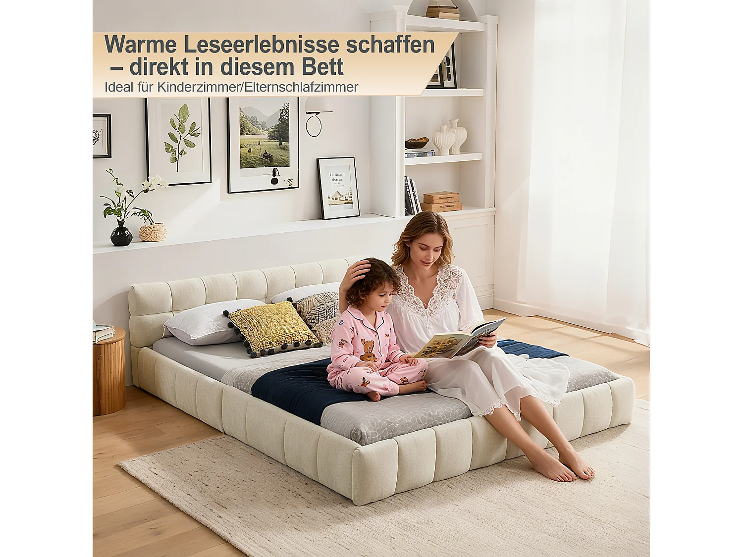 Lit double 160×200 cm en chenille douce, design capitonné, cadre en eucalyptus écologique et métal, montage facile – Beige