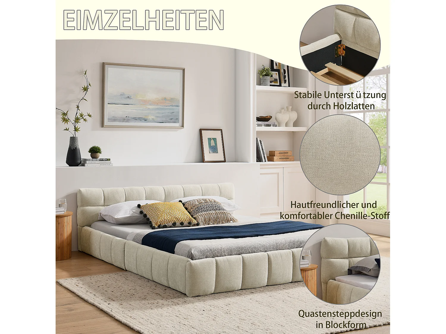 Lit double 160×200 cm en chenille douce, design capitonné, cadre en eucalyptus écologique et métal, montage facile – Beige