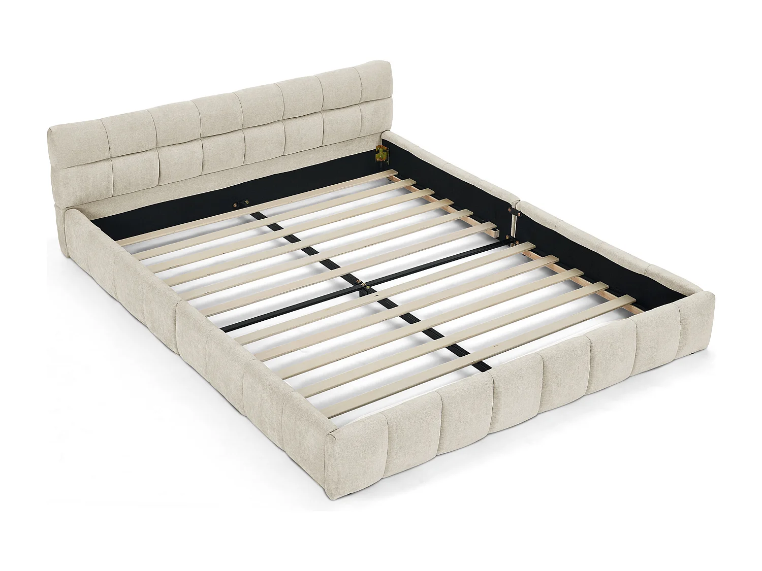Lit double 160×200 cm en chenille douce, design capitonné, cadre en eucalyptus écologique et métal, montage facile – Beige