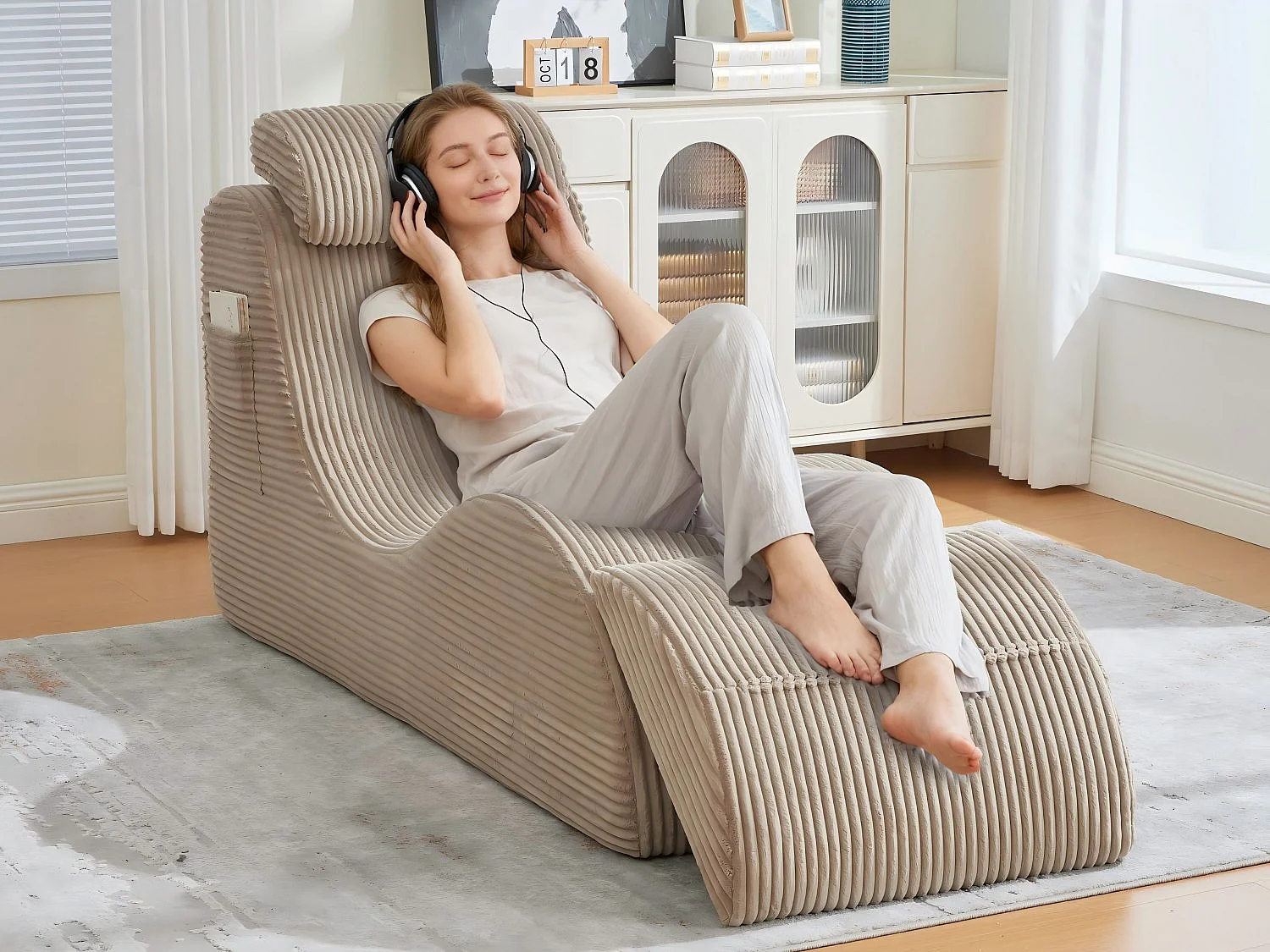 Chaise Longue en Corde Côtelée - Confort Ergonomique - Coussin Amovible 2-en-1 - Support 200kg - Idéale Salon & Bureau