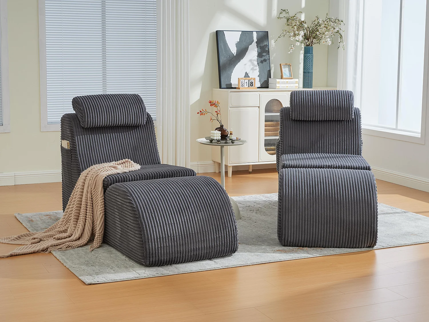 Chaise Longue en Corde Côtelée - Confort Ergonomique - Coussin Amovible 2-en-1 - Support 200kg - Idéale Salon & Bureau