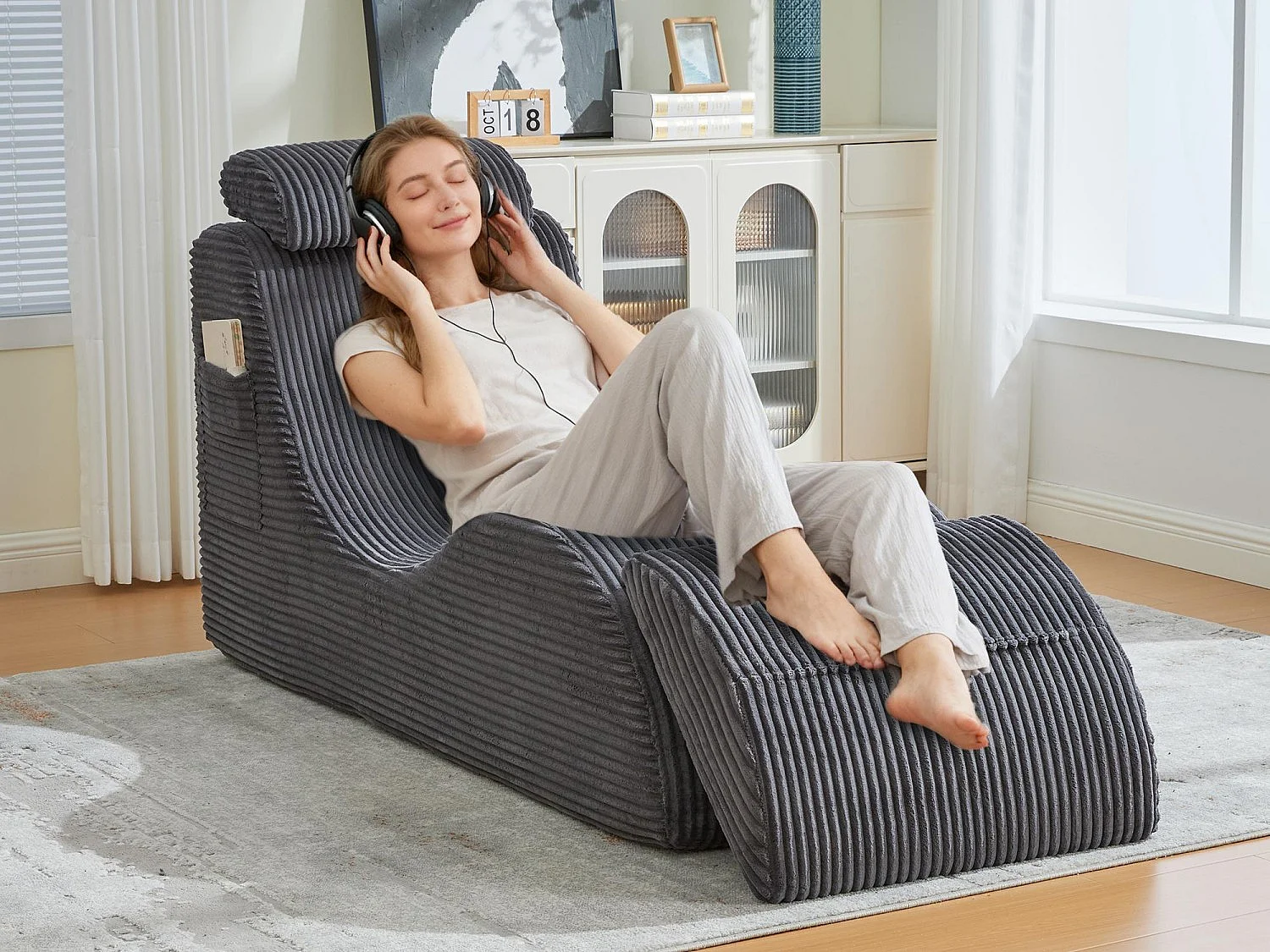 Chaise Longue en Corde Côtelée - Confort Ergonomique - Coussin Amovible 2-en-1 - Support 200kg - Idéale Salon & Bureau